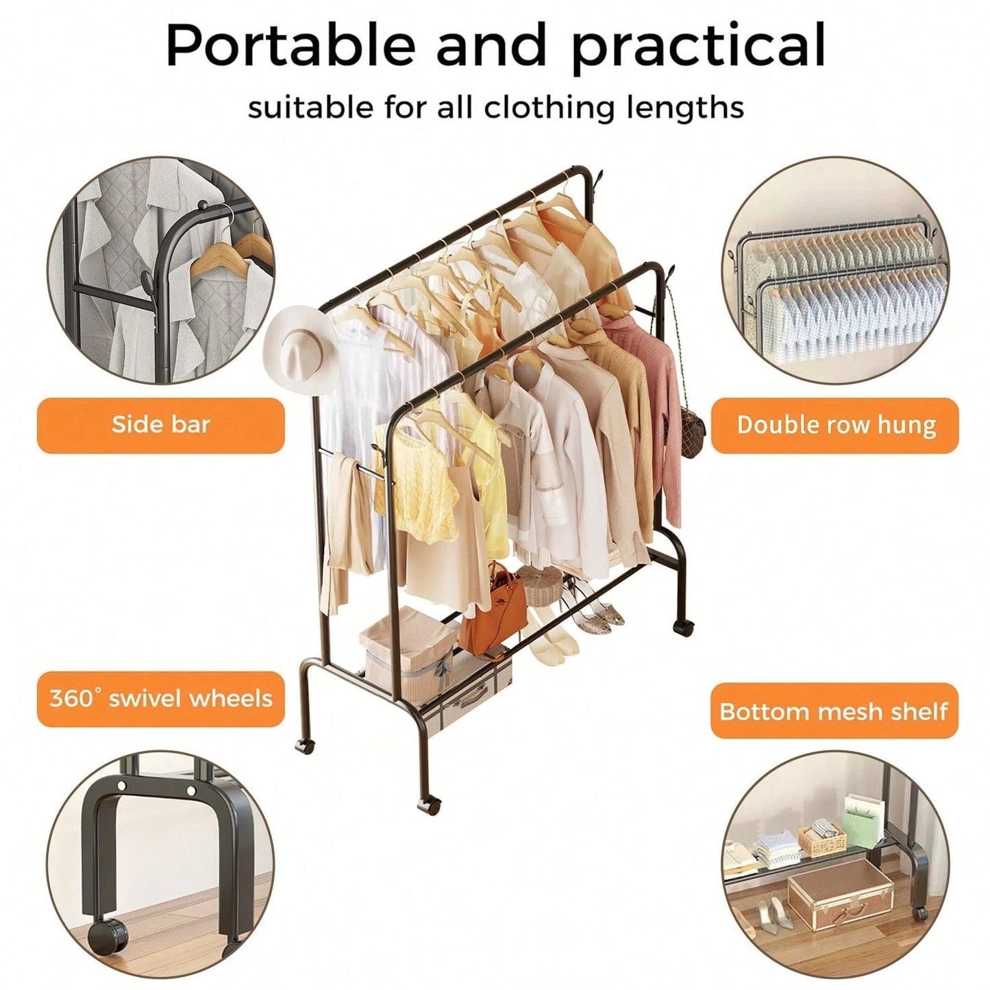 Adjustable Stainless Steel Clothes Rack- Space-Saving, Foldable Design With Dual Rods For Efficient Storage Of Clothes, Shoes, Hats & Accessories- Easy Assembly, Perfect For Bedroom, Dorm & Balcony