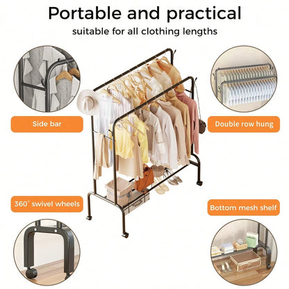 Adjustable Stainless Steel Clothes Rack- Space-Saving, Foldable Design With Dual Rods For Efficient Storage Of Clothes, Shoes, Hats & Accessories- Easy Assembly, Perfect For Bedroom, Dorm & Balcony