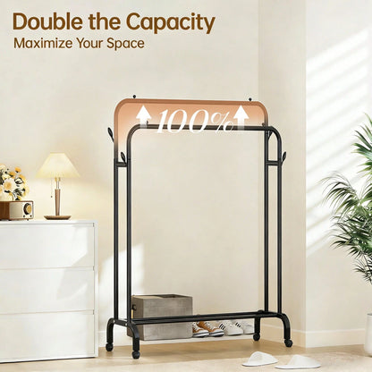 Adjustable Stainless Steel Clothes Rack- Space-Saving, Foldable Design With Dual Rods For Efficient Storage Of Clothes, Shoes, Hats & Accessories- Easy Assembly, Perfect For Bedroom, Dorm & Balcony