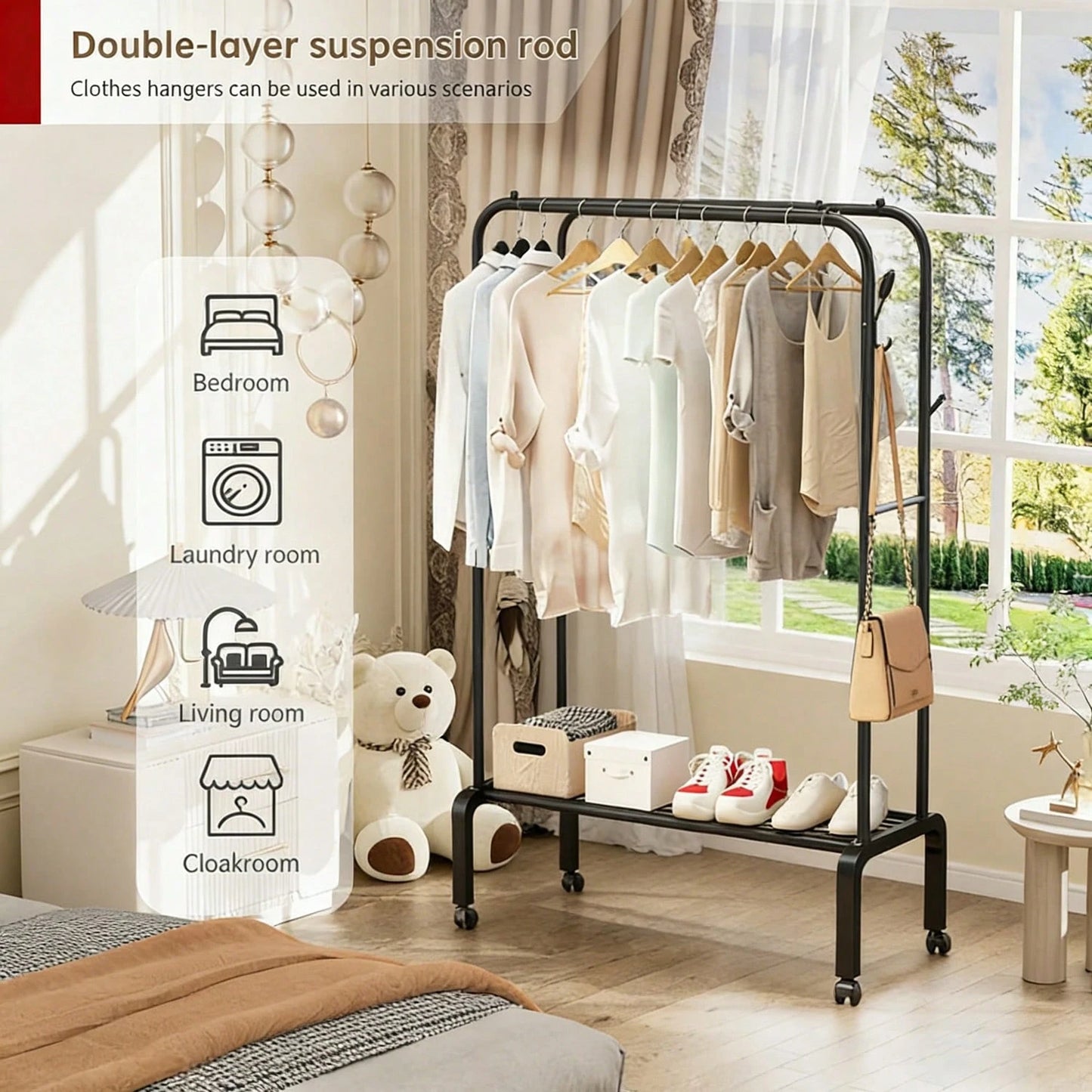 Adjustable Stainless Steel Clothes Rack- Space-Saving, Foldable Design With Dual Rods For Efficient Storage Of Clothes, Shoes, Hats & Accessories- Easy Assembly, Perfect For Bedroom, Dorm & Balcony