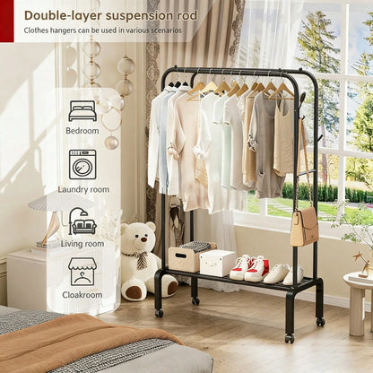 Adjustable Stainless Steel Clothes Rack- Space-Saving, Foldable Design With Dual Rods For Efficient Storage Of Clothes, Shoes, Hats & Accessories- Easy Assembly, Perfect For Bedroom, Dorm & Balcony