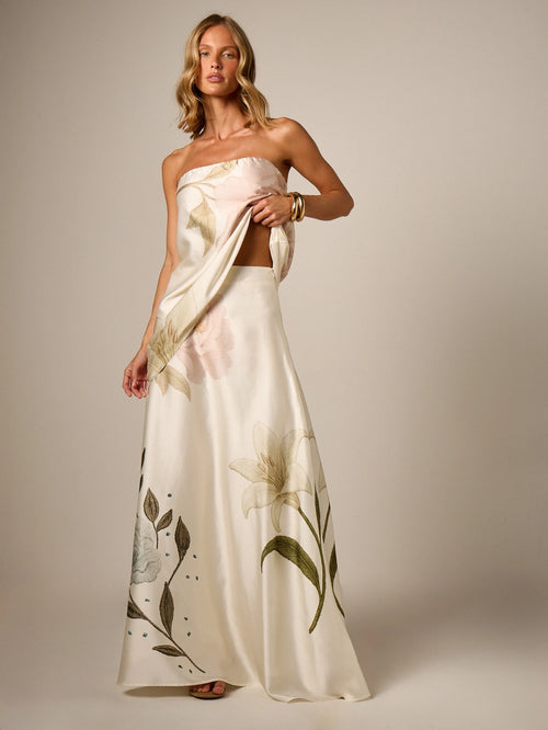 AiiRZ Floral Embroidered Satin Maxi Skirt A-Line High Rise Floor Length Botanical Print Elegant Evening Occasion Skirt