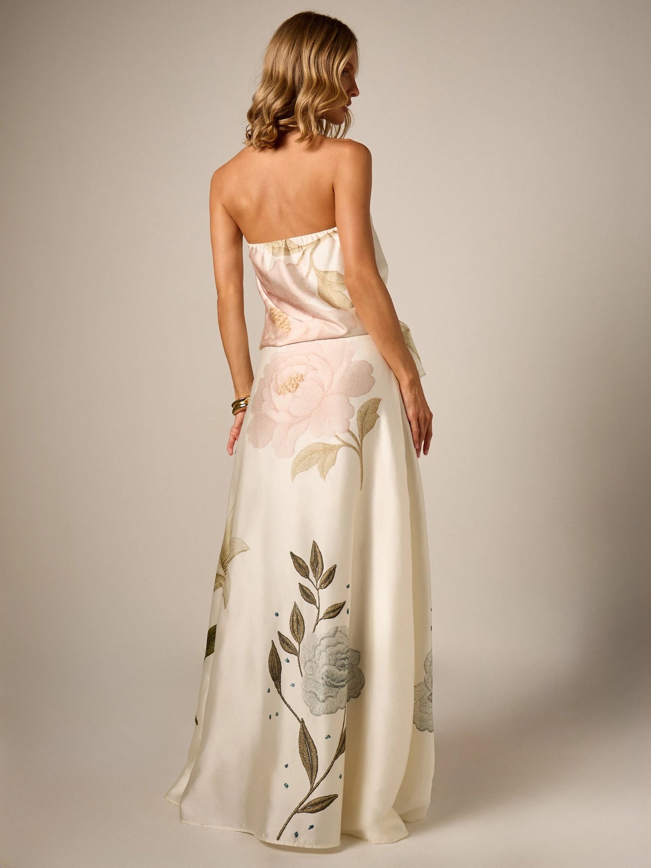 AiiRZ Floral Embroidered Satin Maxi Skirt A-Line High Rise Floor Length Botanical Print Elegant Evening Occasion Skirt