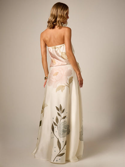 AiiRZ Floral Embroidered Satin Maxi Skirt A-Line High Rise Floor Length Botanical Print Elegant Evening Occasion Skirt