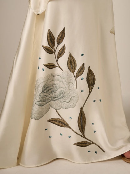 AiiRZ Floral Embroidered Satin Maxi Skirt A-Line High Rise Floor Length Botanical Print Elegant Evening Occasion Skirt