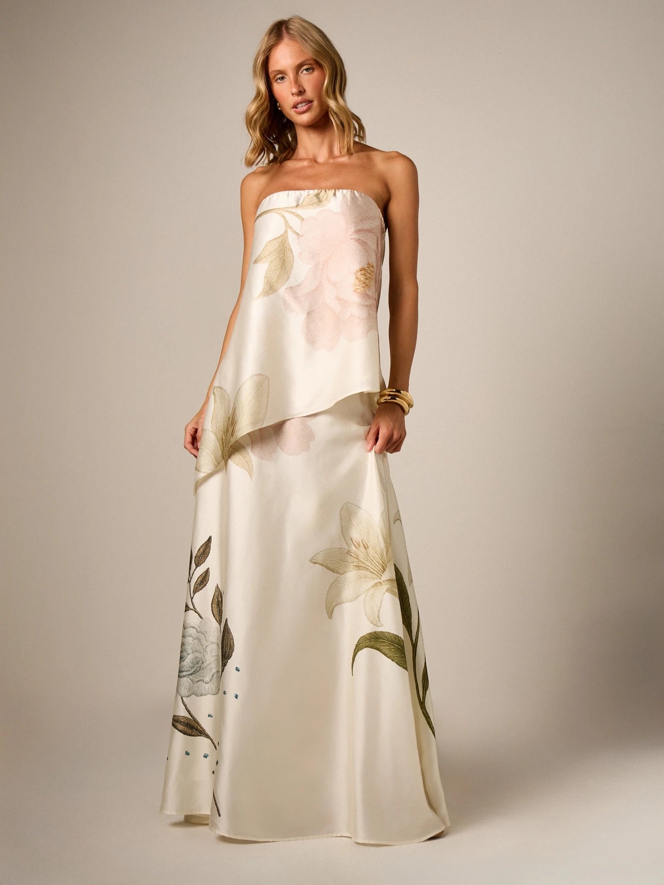 AiiRZ Floral Embroidered Satin Maxi Skirt A-Line High Rise Floor Length Botanical Print Elegant Evening Occasion Skirt