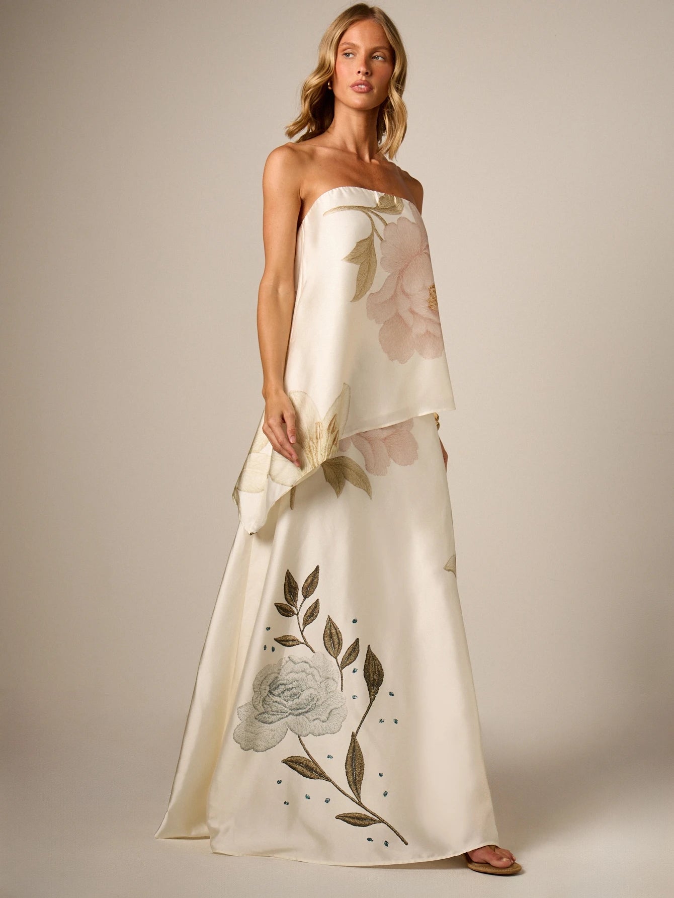 AiiRZ Floral Embroidered Satin Maxi Skirt A-Line High Rise Floor Length Botanical Print Elegant Evening Occasion Skirt
