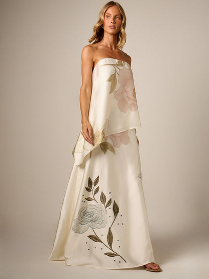 AiiRZ Floral Embroidered Satin Maxi Skirt A-Line High Rise Floor Length Botanical Print Elegant Evening Occasion Skirt