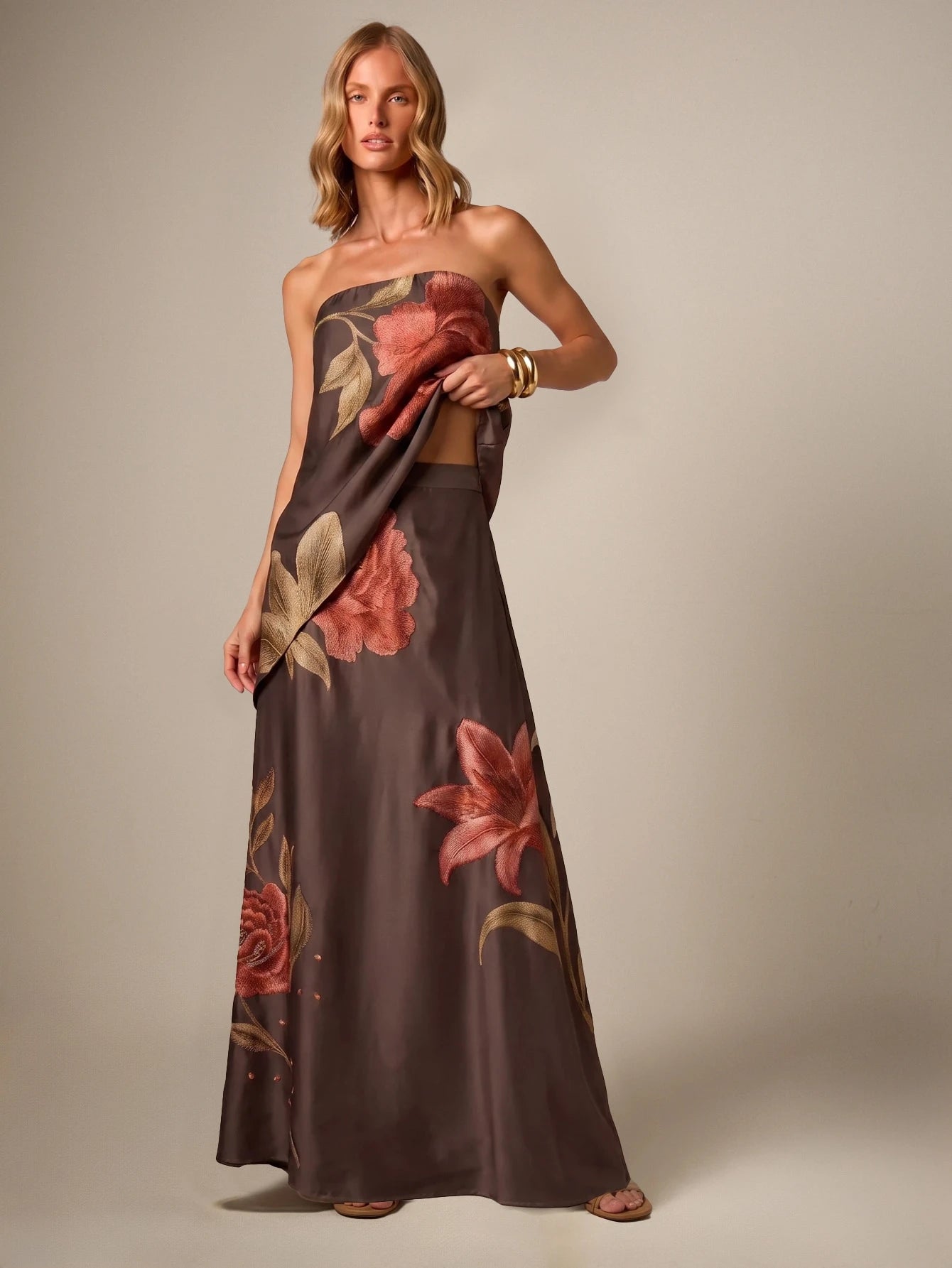 AiiRZ Floral Embroidered Satin Maxi Skirt A-Line High Rise Floor Length Botanical Print Elegant Evening Occasion Skirt