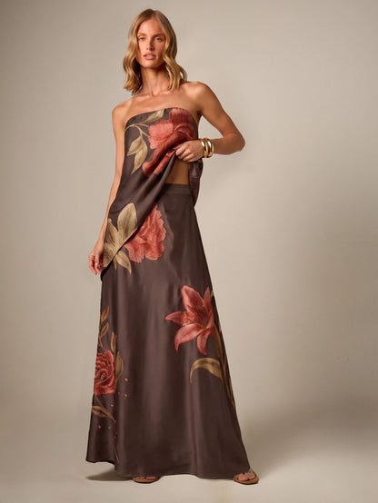 AiiRZ Floral Embroidered Satin Maxi Skirt A-Line High Rise Floor Length Botanical Print Elegant Evening Occasion Skirt