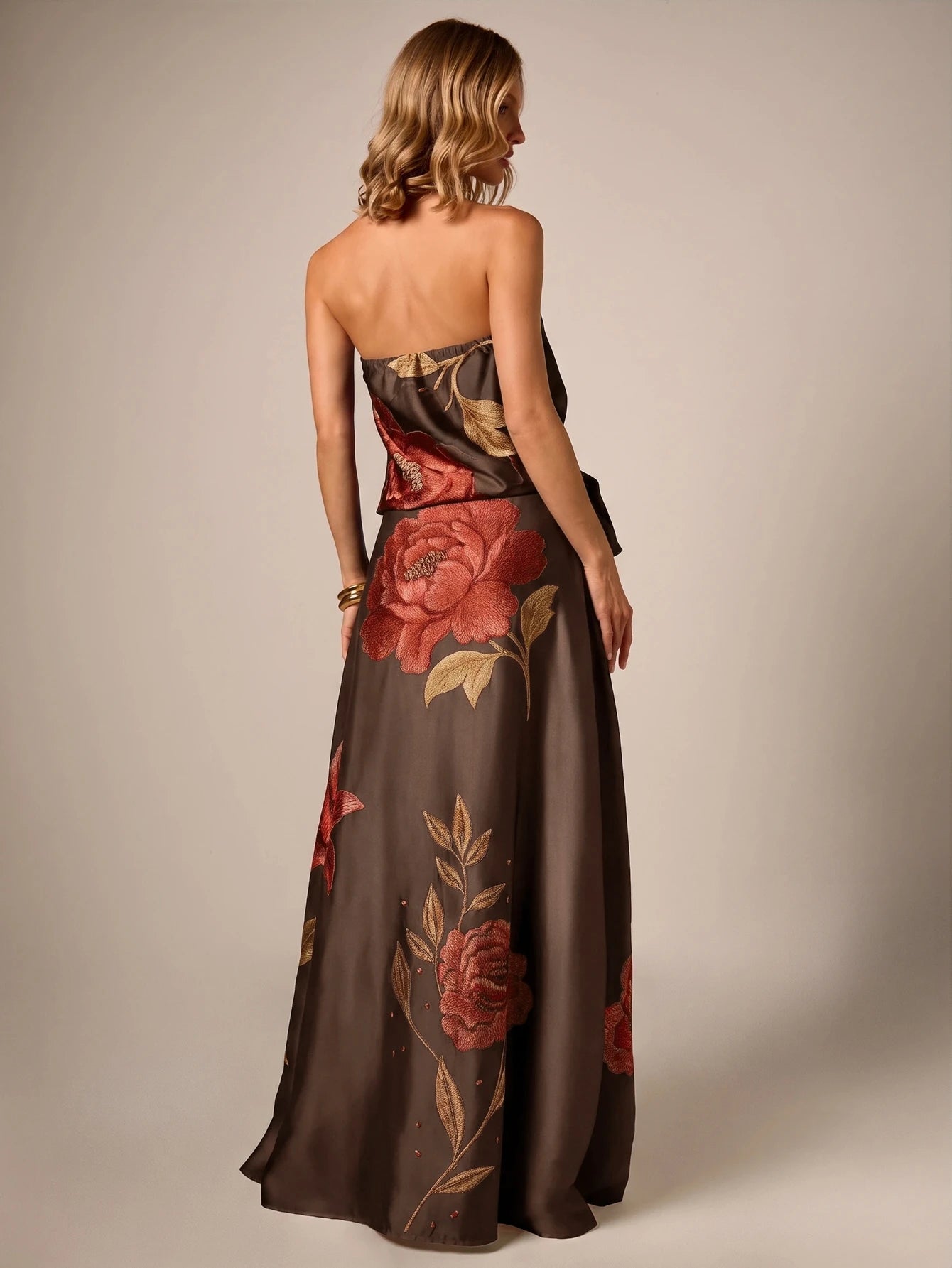 AiiRZ Floral Embroidered Satin Maxi Skirt A-Line High Rise Floor Length Botanical Print Elegant Evening Occasion Skirt