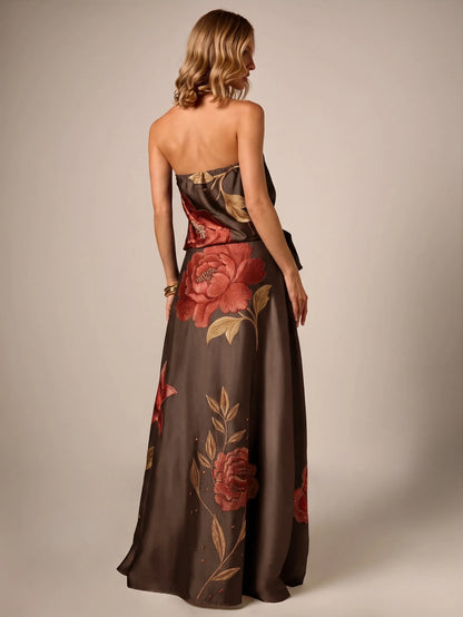 AiiRZ Floral Embroidered Satin Maxi Skirt A-Line High Rise Floor Length Botanical Print Elegant Evening Occasion Skirt