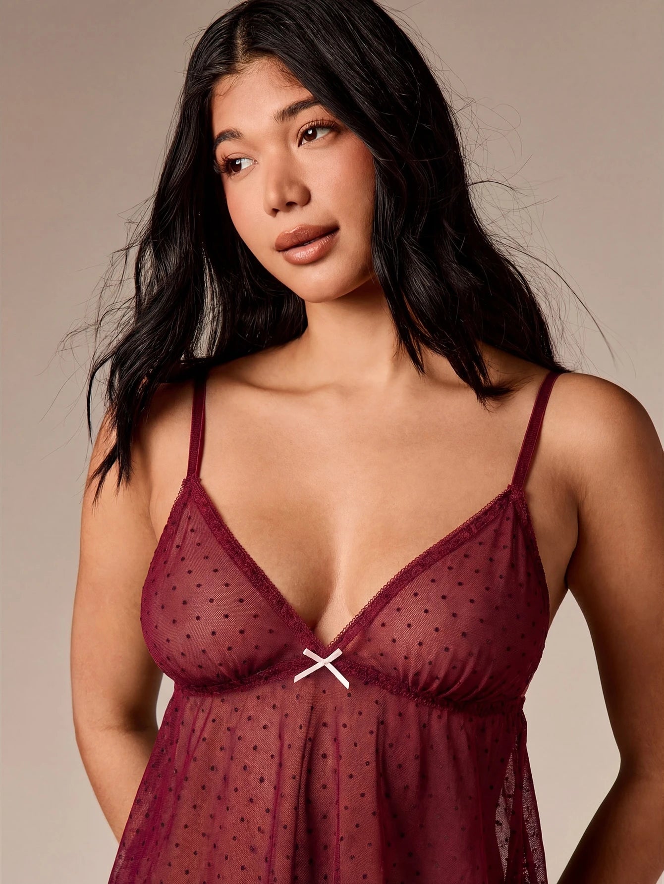 AiiRZ Polka Dot Mesh Bralette And Thong Set With White Bow Details Deep V Neck Camisole Lingerie