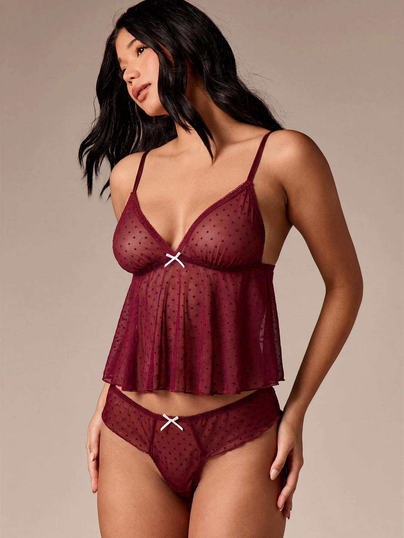 AiiRZ Polka Dot Mesh Bralette And Thong Set With White Bow Details Deep V Neck Camisole Lingerie