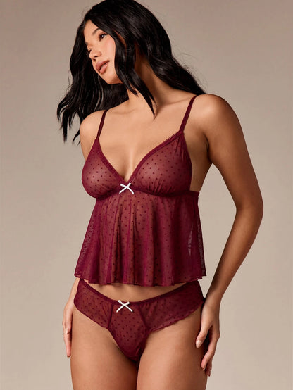 AiiRZ Polka Dot Mesh Bralette And Thong Set With White Bow Details Deep V Neck Camisole Lingerie