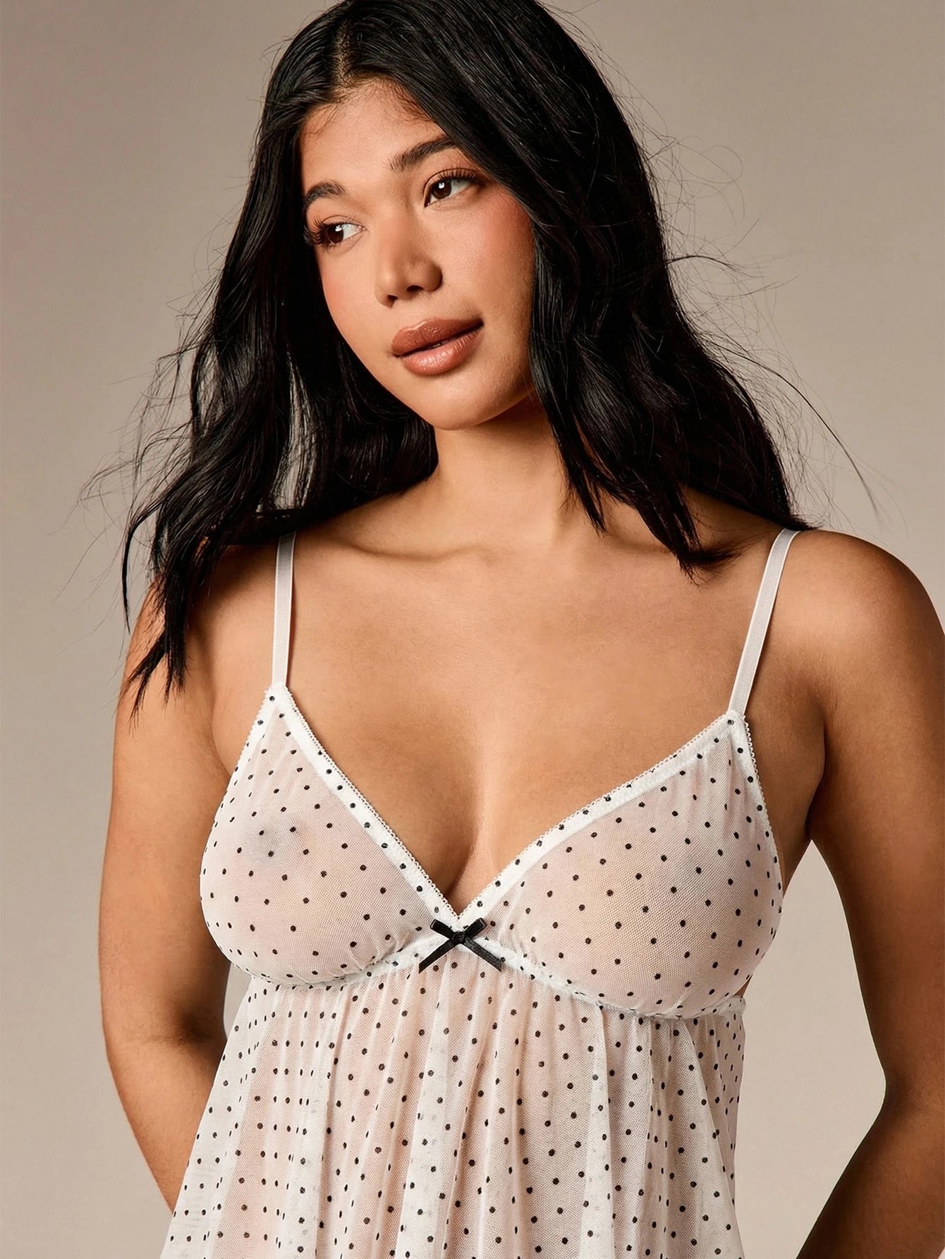 AiiRZ Polka Dot Mesh Bralette And Thong Set With White Bow Details Deep V Neck Camisole Lingerie