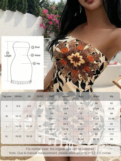 AIJ Amarilo Women's Floral Random Print Elegant Sexy Strapless Dress, Bohemian Fringe Sleeveless Mini Dress Brown Summer