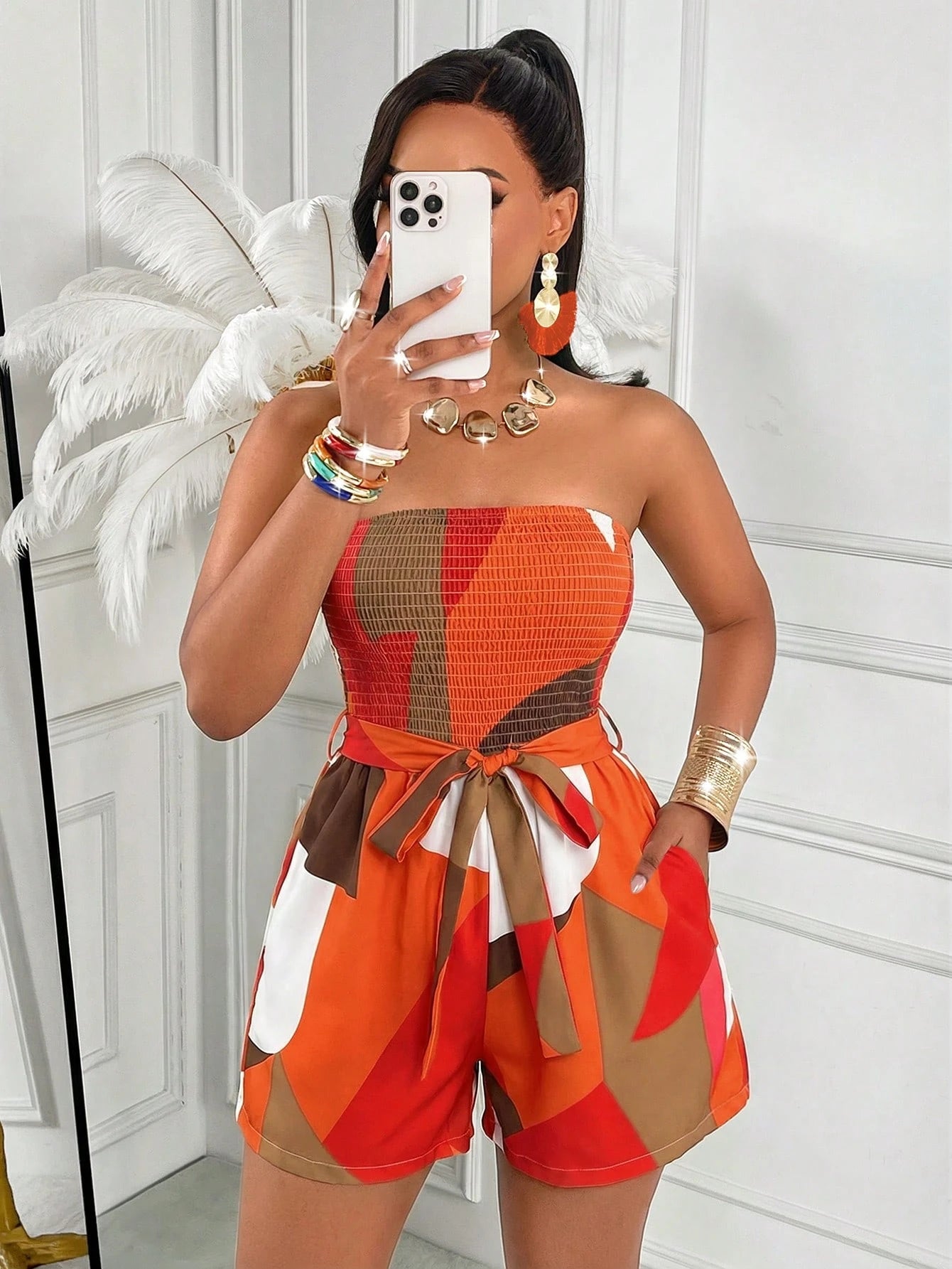 AIJ Women's Summer Geometric Print Shirred Bandeau Romper, Elastic Drawstring Waist Loose Romper, Breathable Vacation Party Casual Outfit