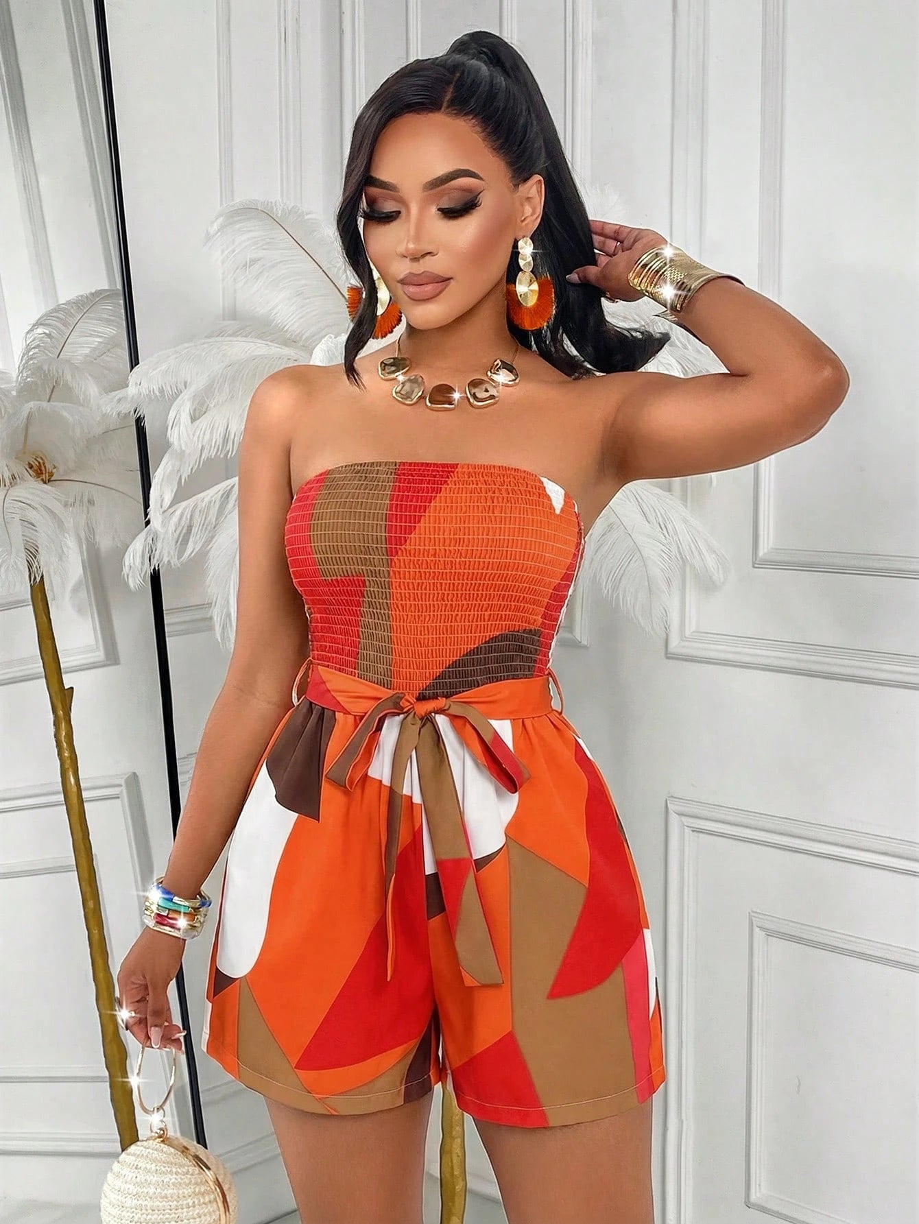 AIJ Women's Summer Geometric Print Shirred Bandeau Romper, Elastic Drawstring Waist Loose Romper, Breathable Vacation Party Casual Outfit