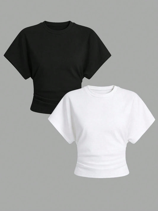 Airaco 2pcs Black & White Crew Neck Casual Versatile Short Sleeve T-Shirts, Summer