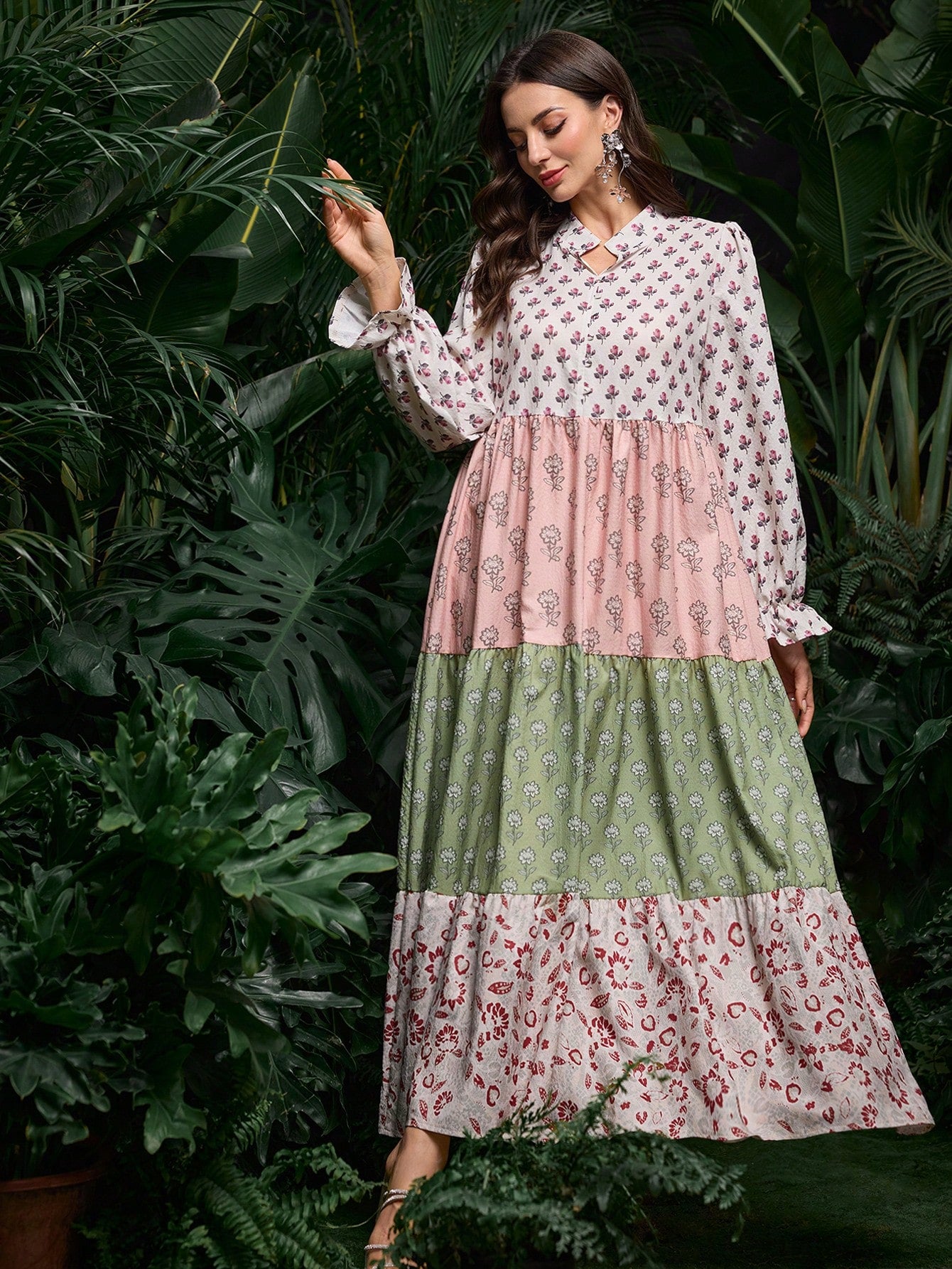 Al Najma Contrast Color Patchwork Ditsy Floral Puff Sleeve Dress Fall Cloth For Women