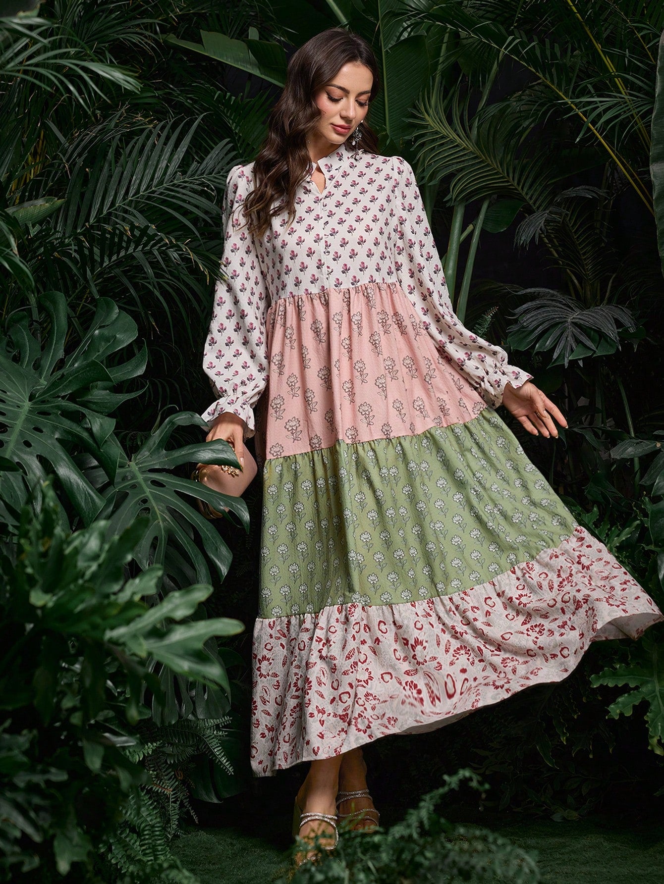 Al Najma Contrast Color Patchwork Ditsy Floral Puff Sleeve Dress Fall Cloth For Women