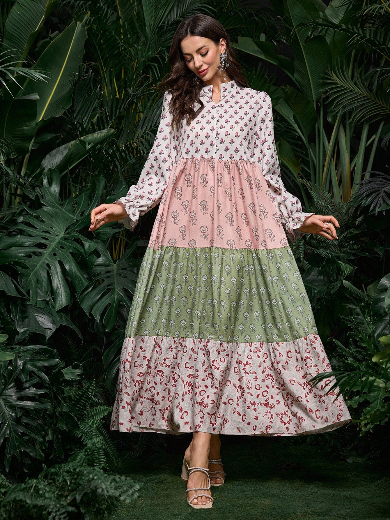 Al Najma Contrast Color Patchwork Ditsy Floral Puff Sleeve Dress Fall Cloth For Women