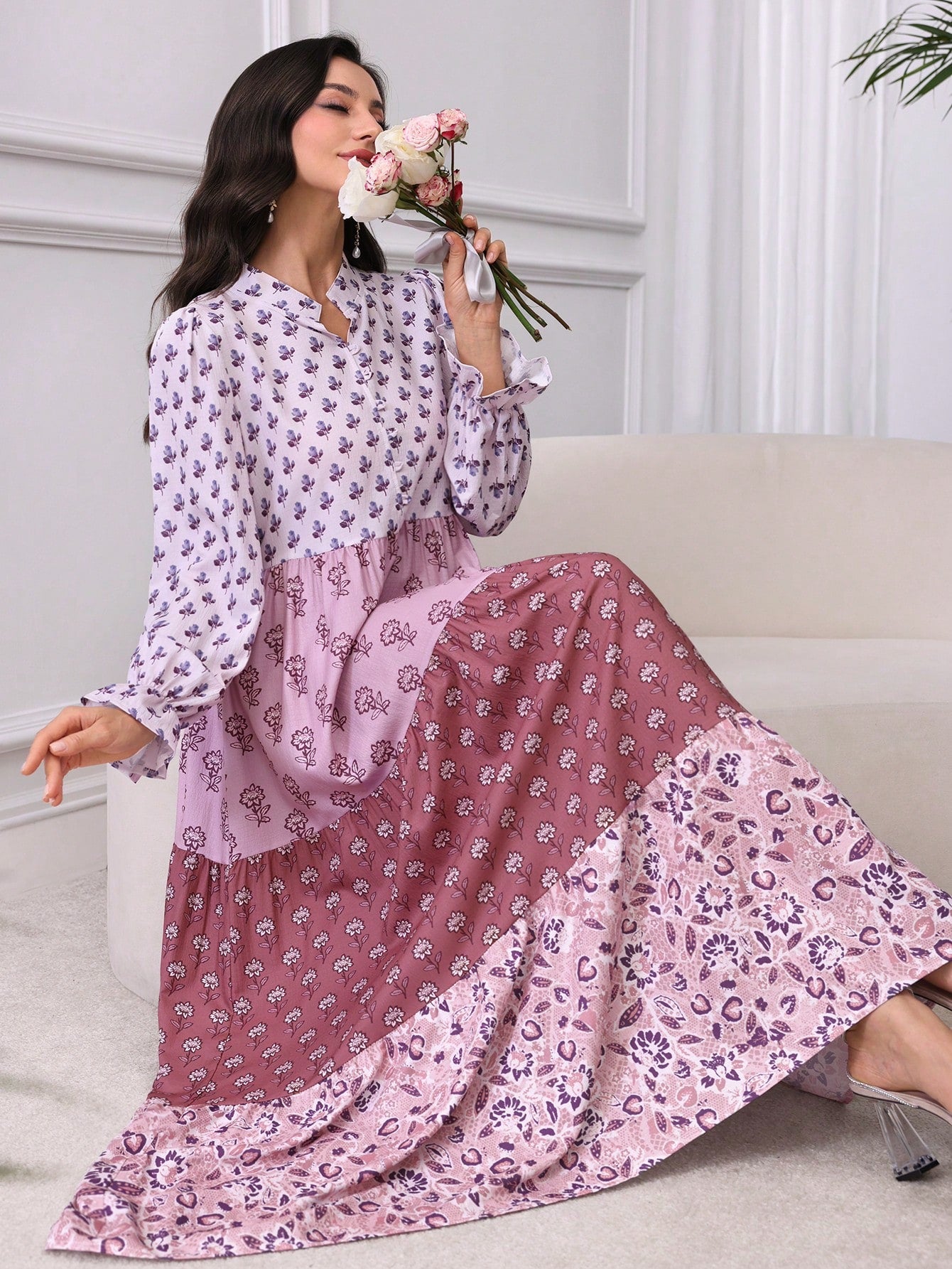 Al Najma Contrast Color Patchwork Ditsy Floral Puff Sleeve Dress Fall Cloth For Women