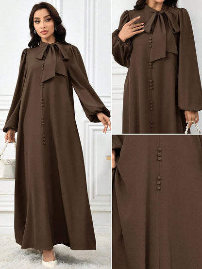 Al Najma Women Elegant Solid Color Lantern Sleeve Tie Collar Arabian Dress For Autumn, Modest Elegant A Line Arabian Dresses, For Casual Daily