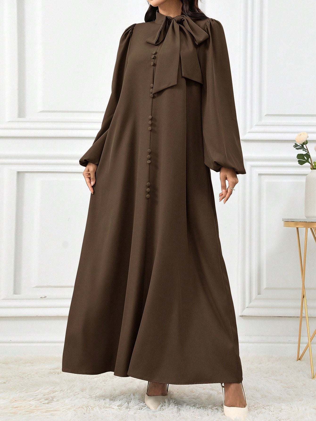 Al Najma Women Elegant Solid Color Lantern Sleeve Tie Collar Arabian Dress For Autumn, Modest Elegant A Line Arabian Dresses, For Casual Daily
