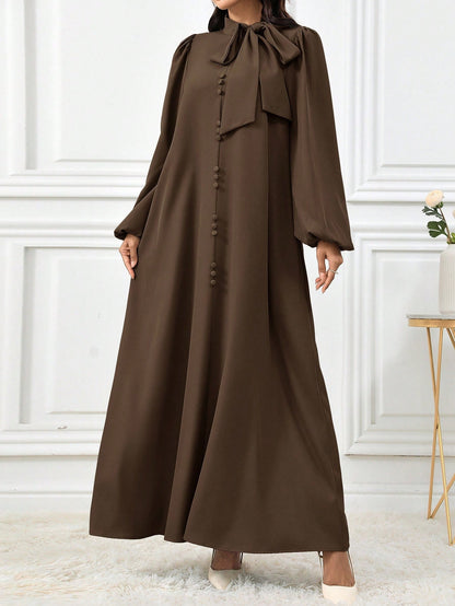 Al Najma Women Elegant Solid Color Lantern Sleeve Tie Collar Arabian Dress For Autumn, Modest Elegant A Line Arabian Dresses, For Casual Daily