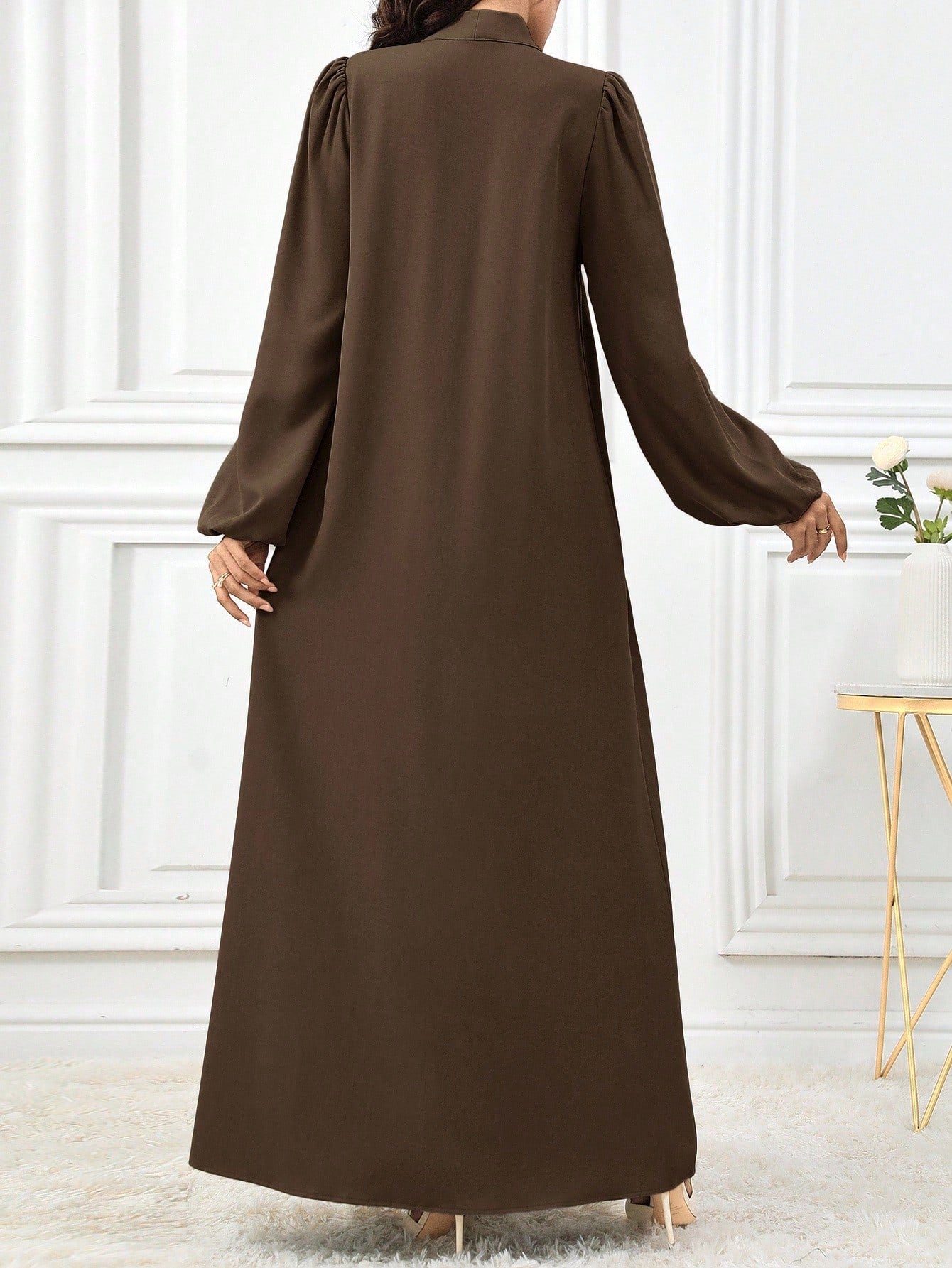 Al Najma Women Elegant Solid Color Lantern Sleeve Tie Collar Arabian Dress For Autumn, Modest Elegant A Line Arabian Dresses, For Casual Daily