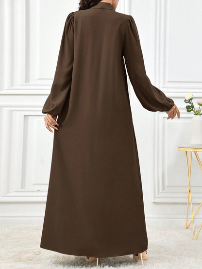 Al Najma Women Elegant Solid Color Lantern Sleeve Tie Collar Arabian Dress For Autumn, Modest Elegant A Line Arabian Dresses, For Casual Daily