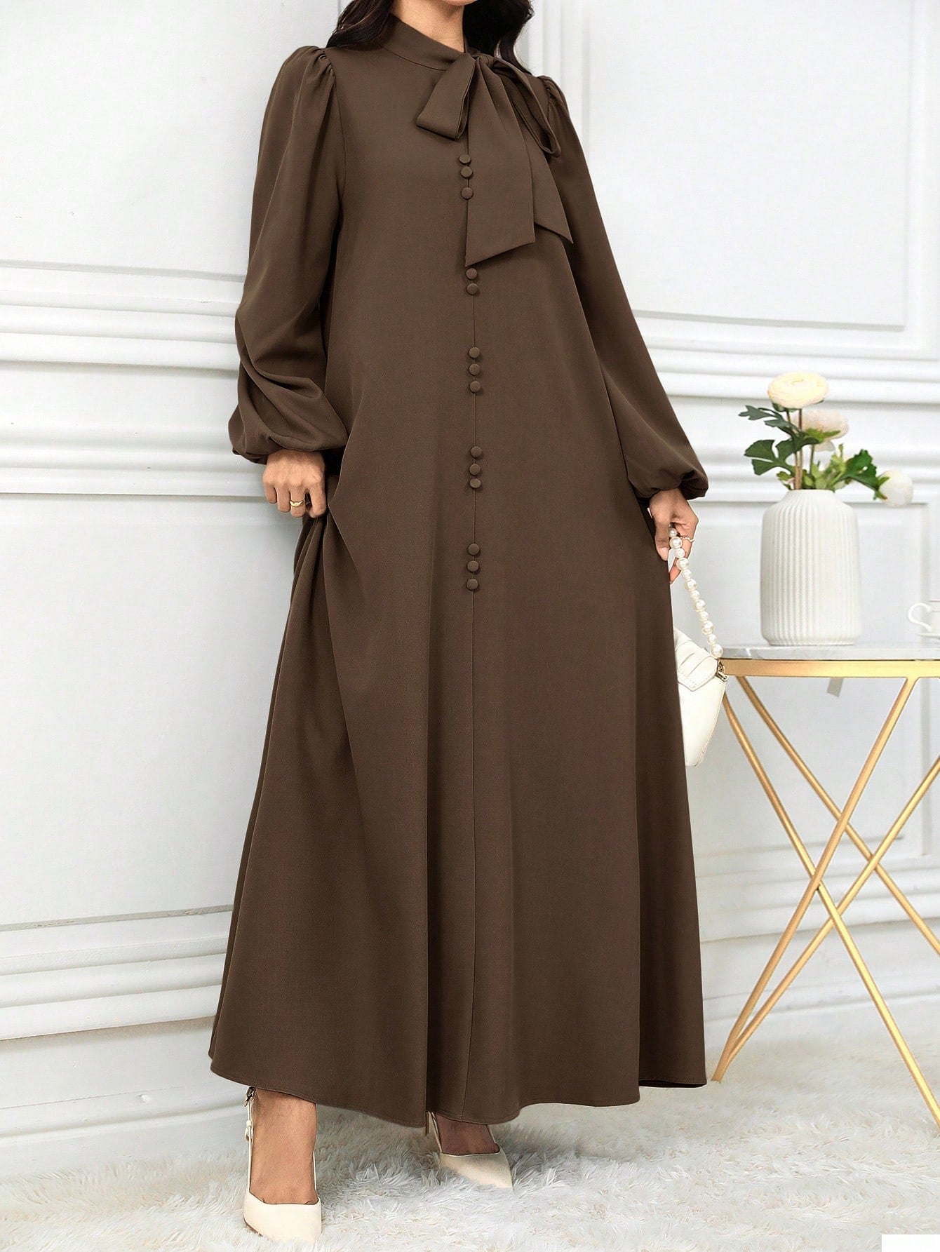 Al Najma Women Elegant Solid Color Lantern Sleeve Tie Collar Arabian Dress For Autumn, Modest Elegant A Line Arabian Dresses, For Casual Daily