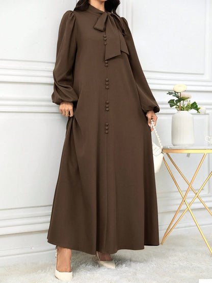 Al Najma Women Elegant Solid Color Lantern Sleeve Tie Collar Arabian Dress For Autumn, Modest Elegant A Line Arabian Dresses, For Casual Daily