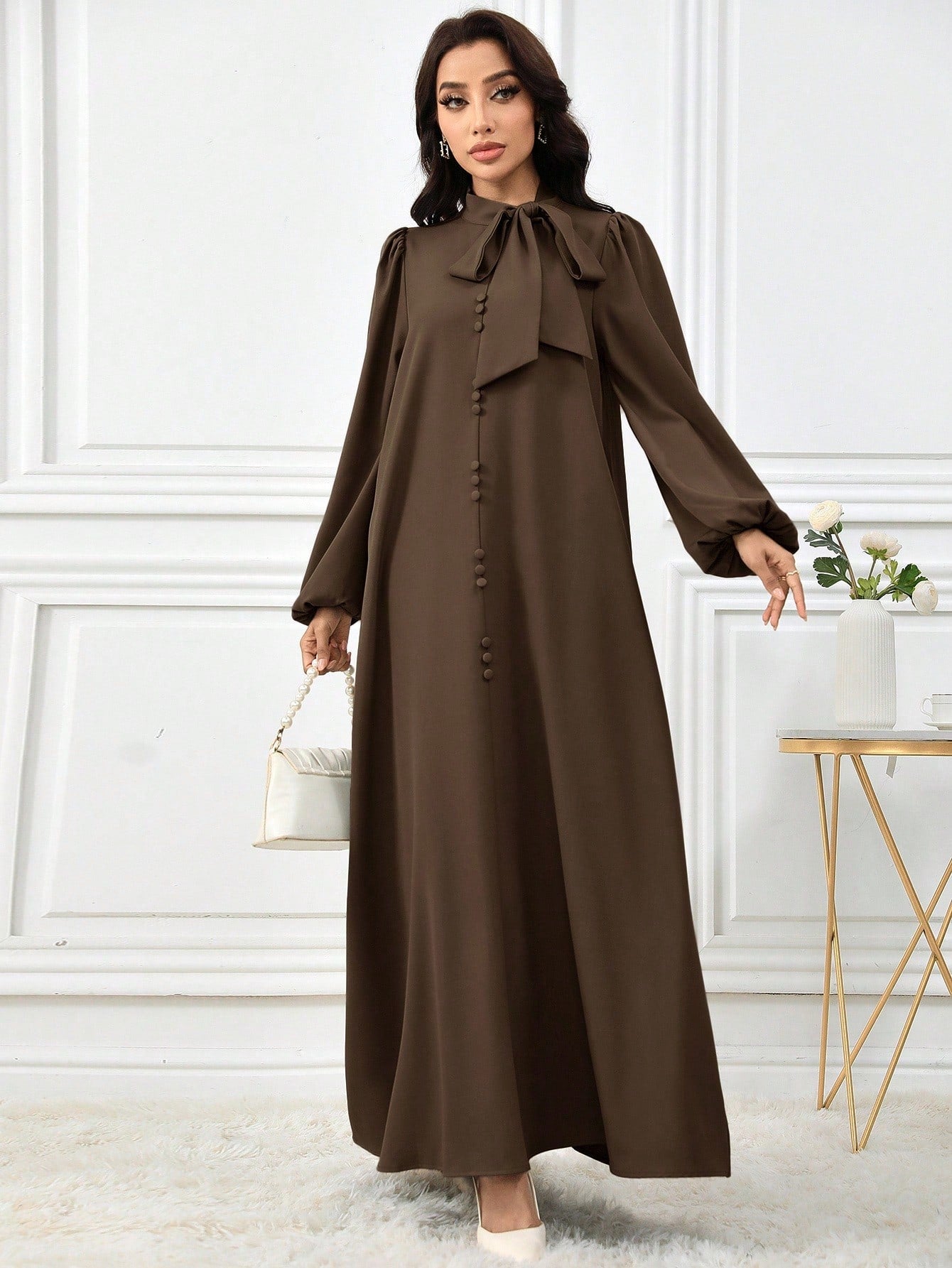 Al Najma Women Elegant Solid Color Lantern Sleeve Tie Collar Arabian Dress For Autumn, Modest Elegant A Line Arabian Dresses, For Casual Daily