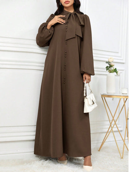 Al Najma Women Elegant Solid Color Lantern Sleeve Tie Collar Arabian Dress For Autumn, Modest Elegant A Line Arabian Dresses, For Casual Daily