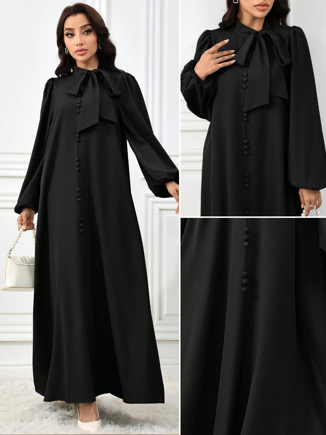 Al Najma Women Elegant Solid Color Lantern Sleeve Tie Collar Arabian Dress For Autumn, Modest Elegant A Line Arabian Dresses, For Casual Daily