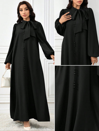 Al Najma Women Elegant Solid Color Lantern Sleeve Tie Collar Arabian Dress For Autumn, Modest Elegant A Line Arabian Dresses, For Casual Daily
