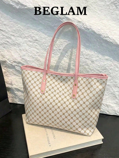 All-Over Print Shoulder Tote Bag, Vintage Letter Print Tote Bag, Large Capacity Shoulder Bag, Perfect Commuter Underarm Bag, Women's Handbag