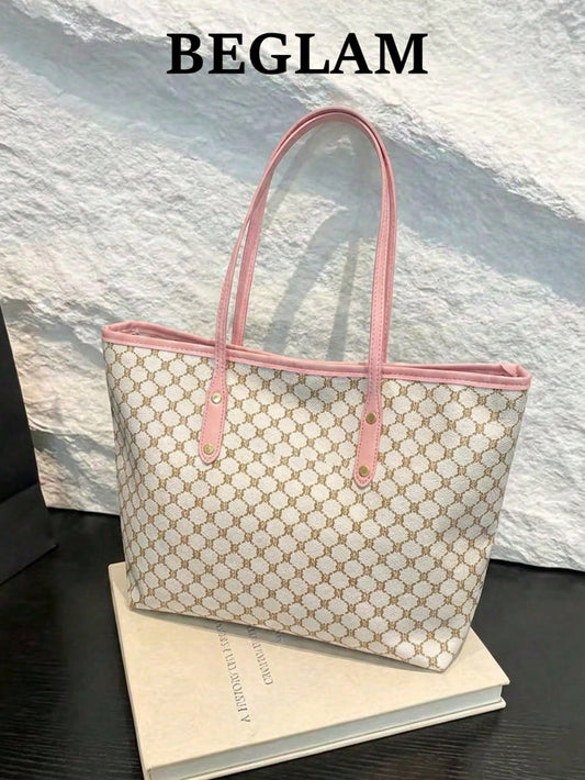 All-Over Print Shoulder Tote Bag, Vintage Letter Print Tote Bag, Large Capacity Shoulder Bag, Perfect Commuter Underarm Bag, Women's Handbag