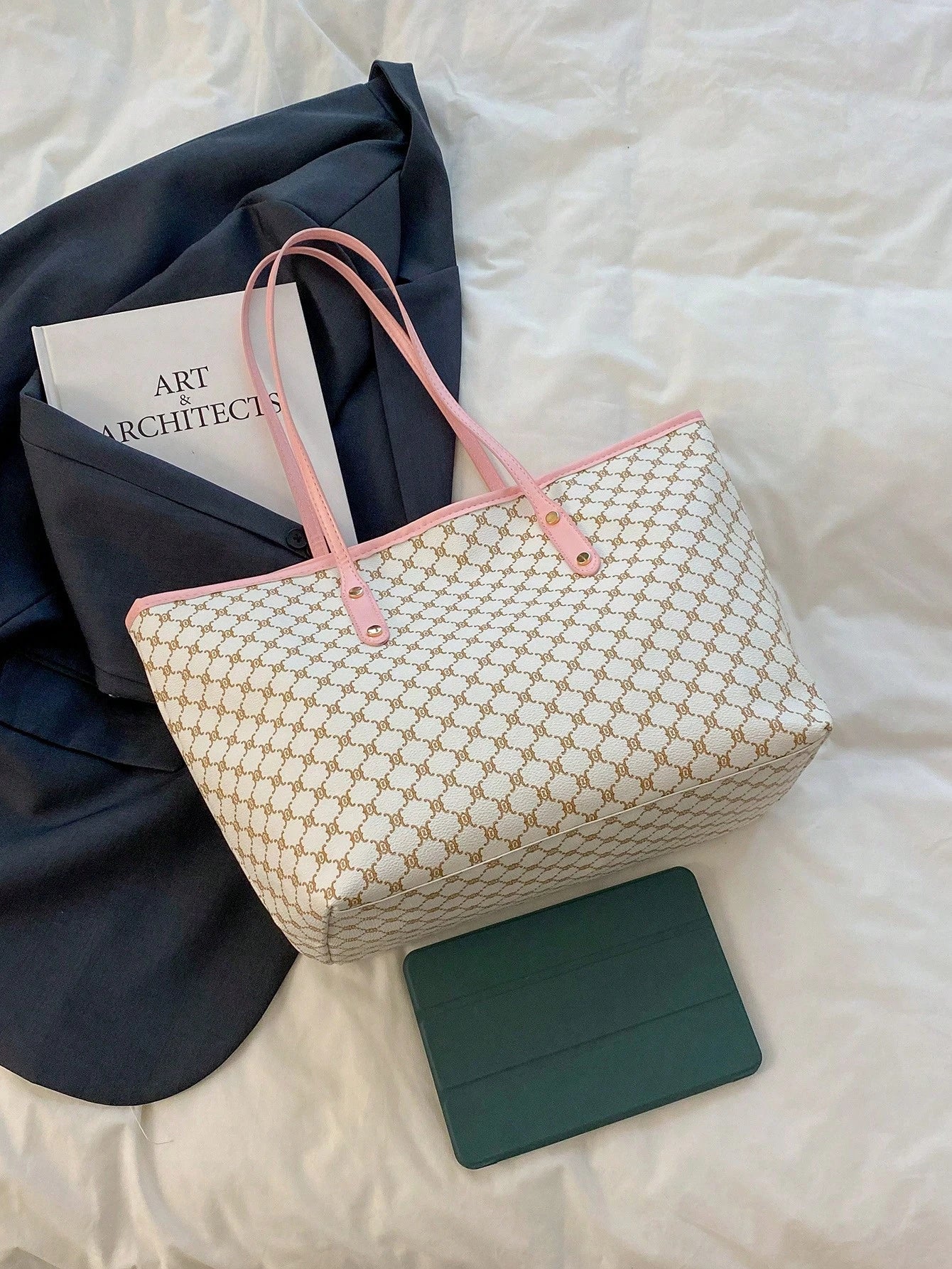 All-Over Print Shoulder Tote Bag, Vintage Letter Print Tote Bag, Large Capacity Shoulder Bag, Perfect Commuter Underarm Bag, Women's Handbag