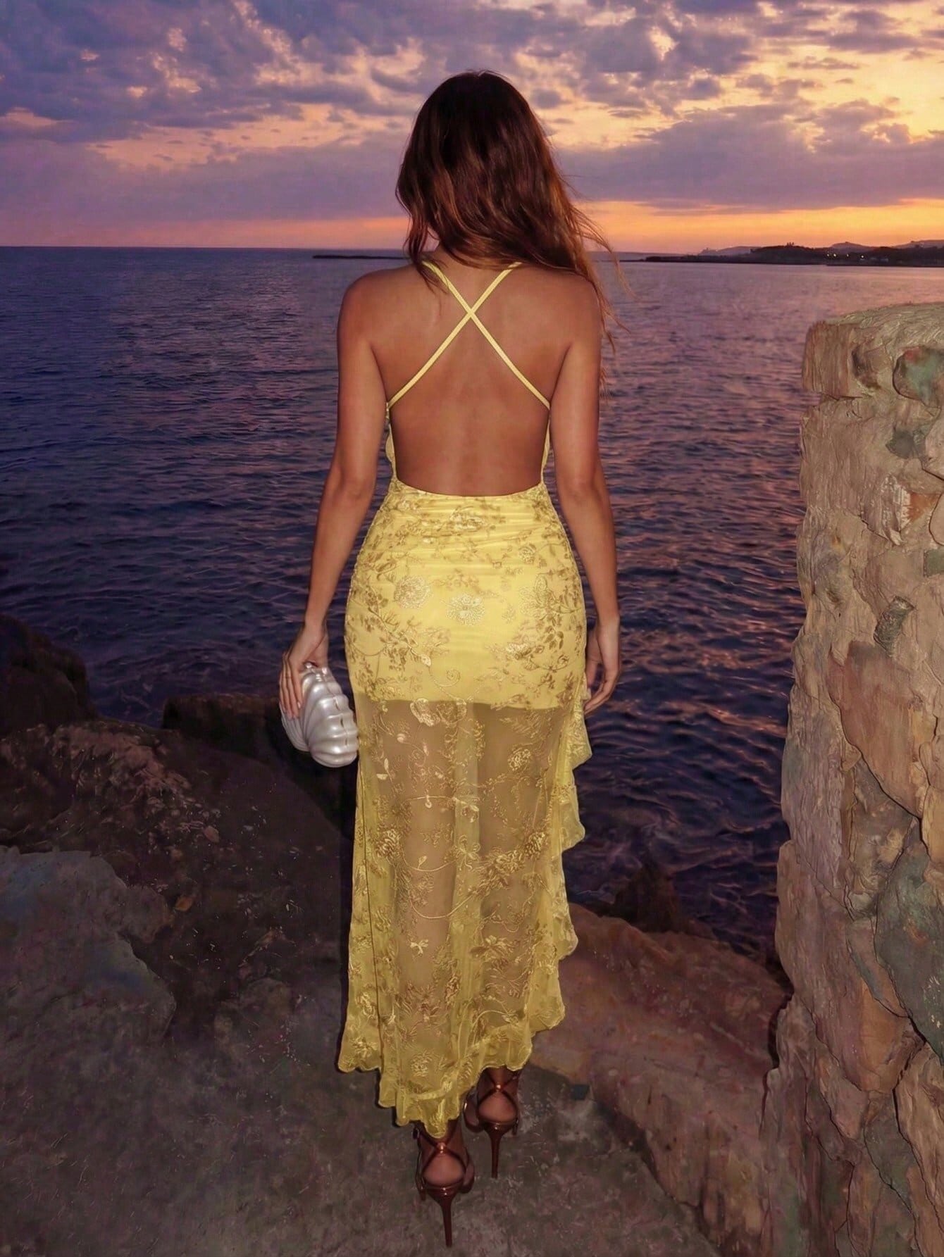 Allurite French Retro Yellow Summer 70s Holiday Night Party Embroidered Mesh Draped Neck Spaghetti Strap Backless Slim Asymmetric Ruffle Hem Elegant Dress