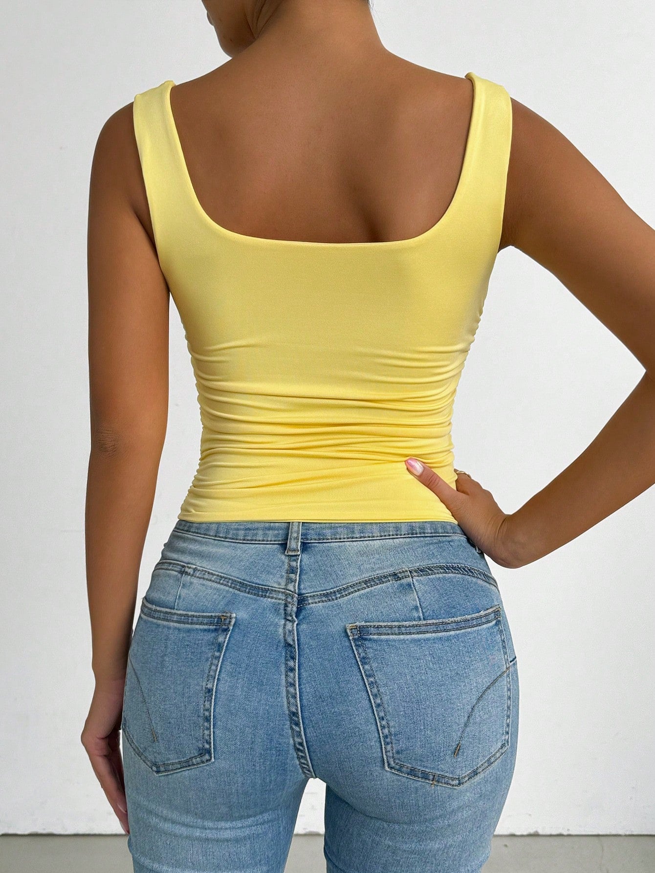 Allurite Summer Casual Solid Color Ruched Slim Fit Square Neck Tank Top