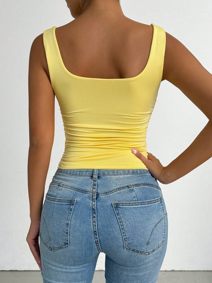 Allurite Summer Casual Solid Color Ruched Slim Fit Square Neck Tank Top
