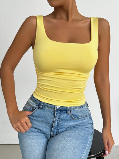 Allurite Summer Casual Solid Color Ruched Slim Fit Square Neck Tank Top