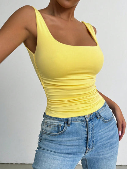 Allurite Summer Casual Solid Color Ruched Slim Fit Square Neck Tank Top