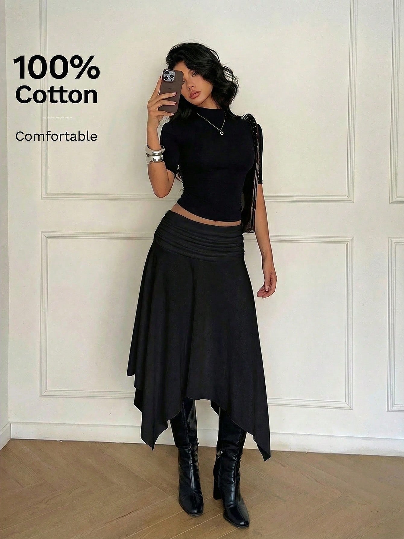 Aloruh 100% Cotton Women's Spring/Summer New Asymmetric Flared Midi Skirt, Retro Y2K