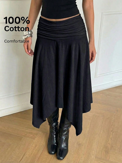 Aloruh 100% Cotton Women's Spring/Summer New Asymmetric Flared Midi Skirt, Retro Y2K