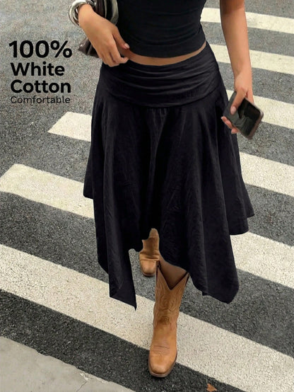 Aloruh 100% Cotton Women's Spring/Summer New Asymmetric Flared Midi Skirt, Retro Y2K